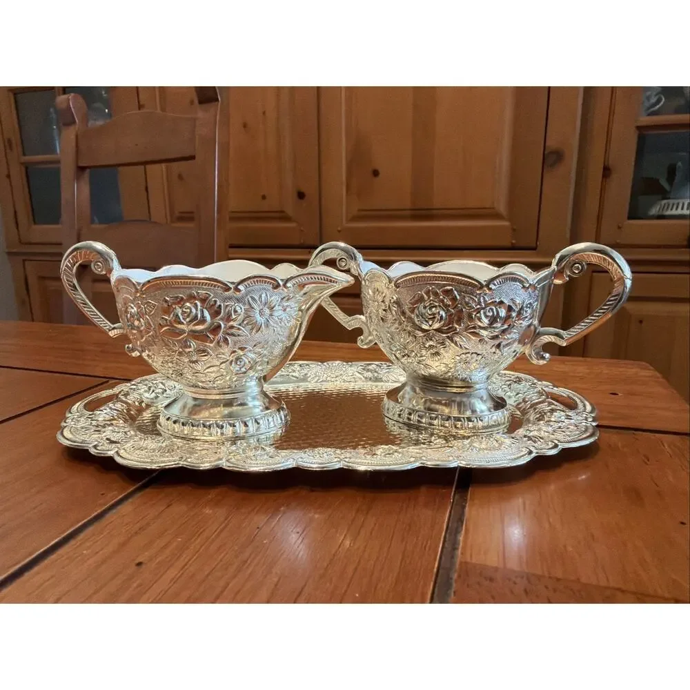 NEW OS Vintage Leonard Silver Plated Floral Sugar/Creamer 2.5” Tray Is 8” Japan